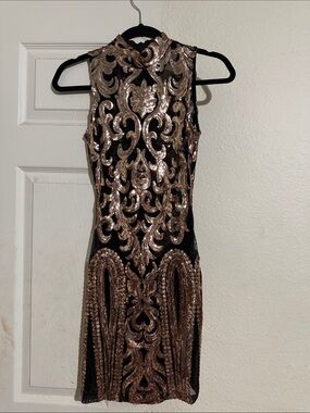 Fashion Nova Black Mini Dress with Rose Gold Sequin Baroque Design
